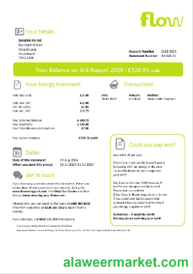 United Kingdom Flow Energy business utility bill template in Word and PDF formats